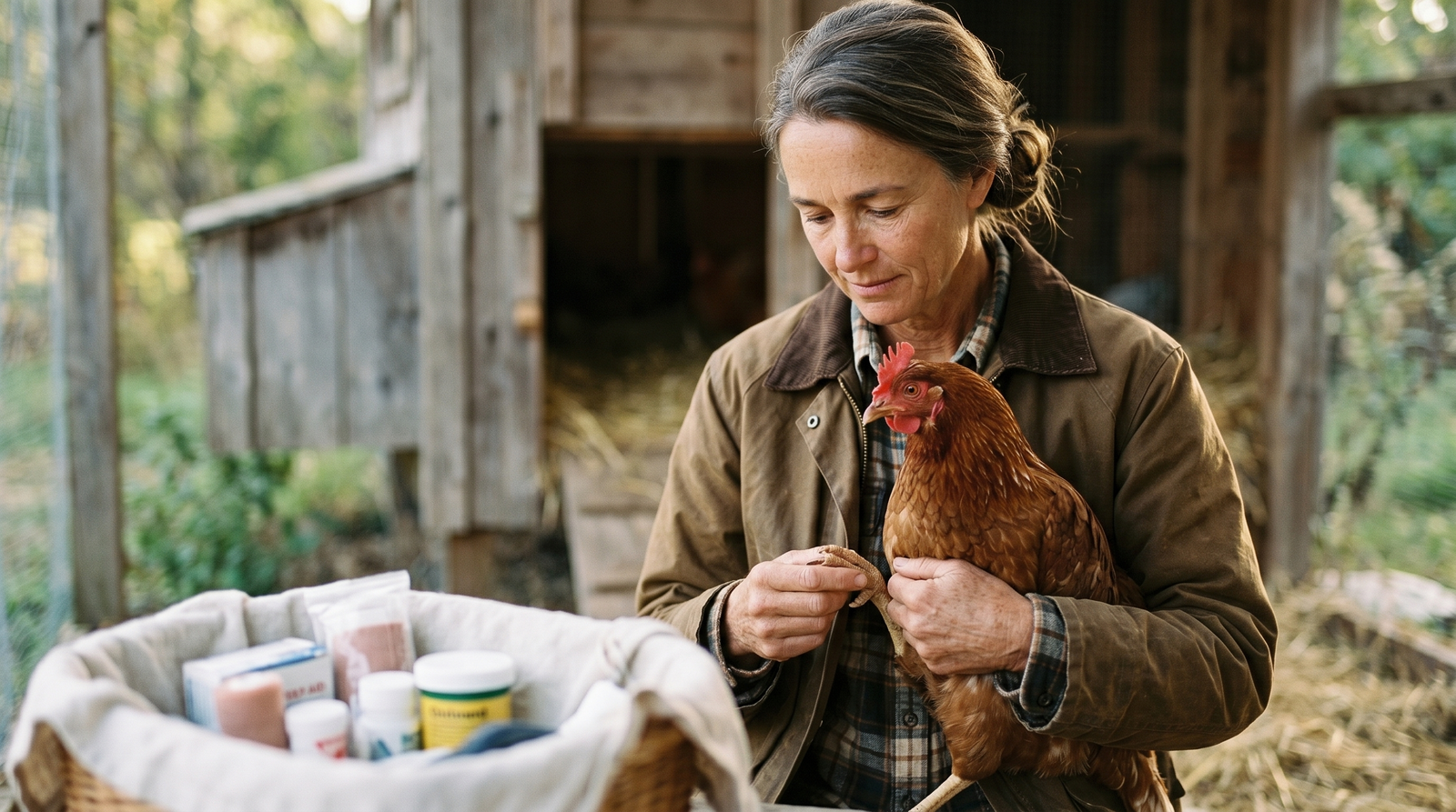Backyard chicken keeper gently examining a hen's foot in soft morning light with first-aid supplies nearby