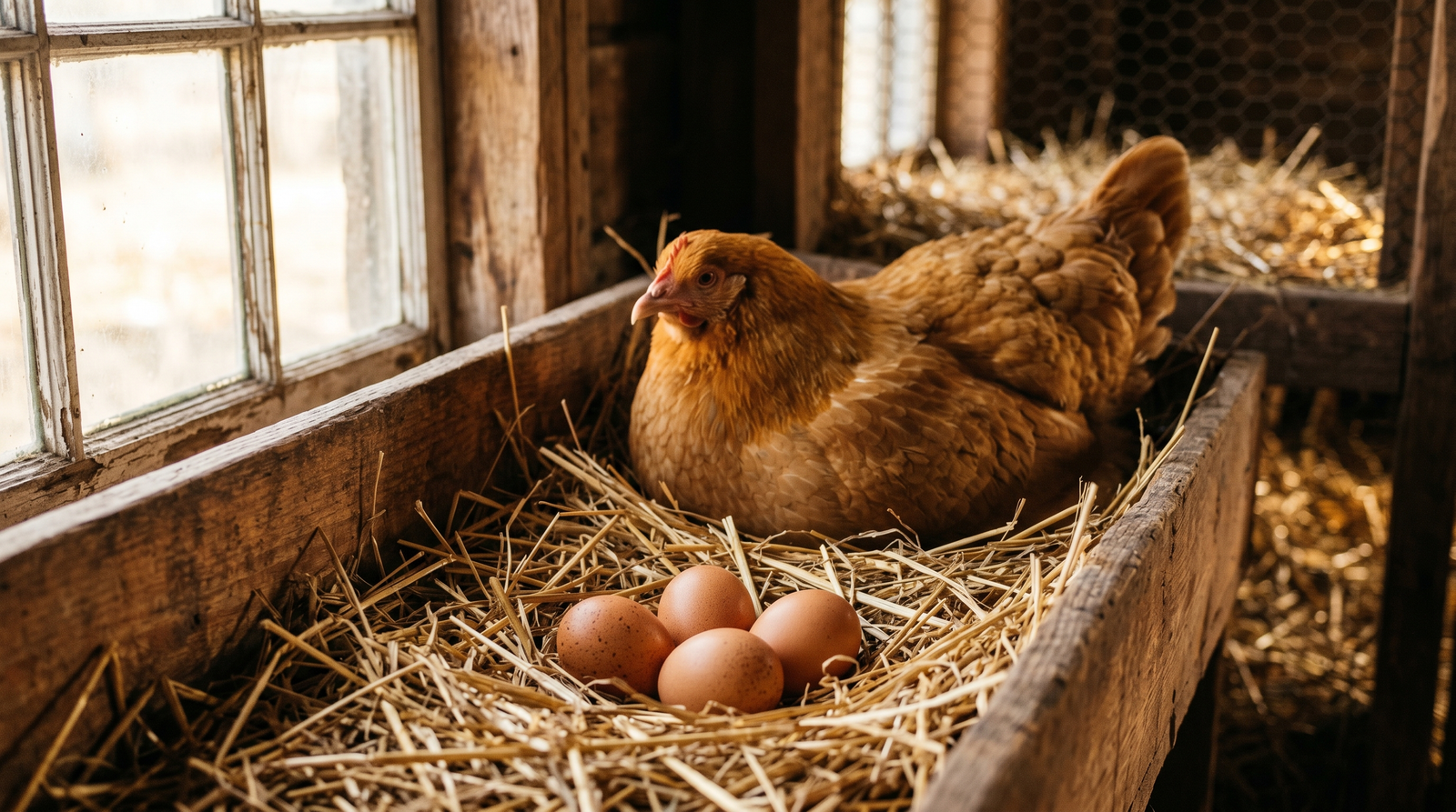 Brown eggs in a straw-lined wooden nesting box with a hen resting nearby in soft morning light