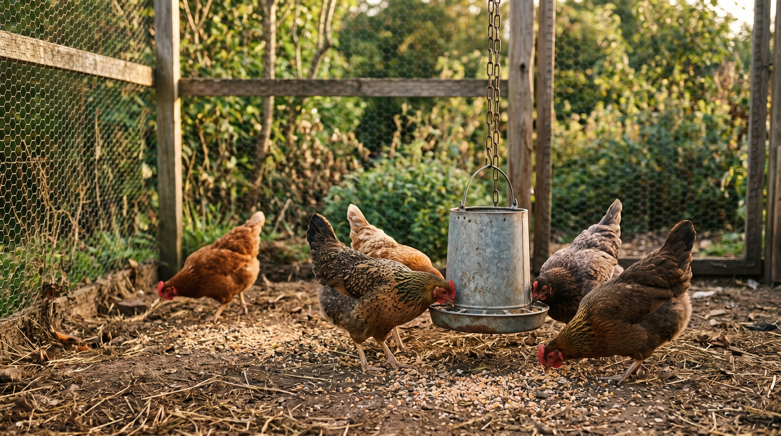 Backyard hens pecking scattered grain and eating from a galvanized feeder in morning light