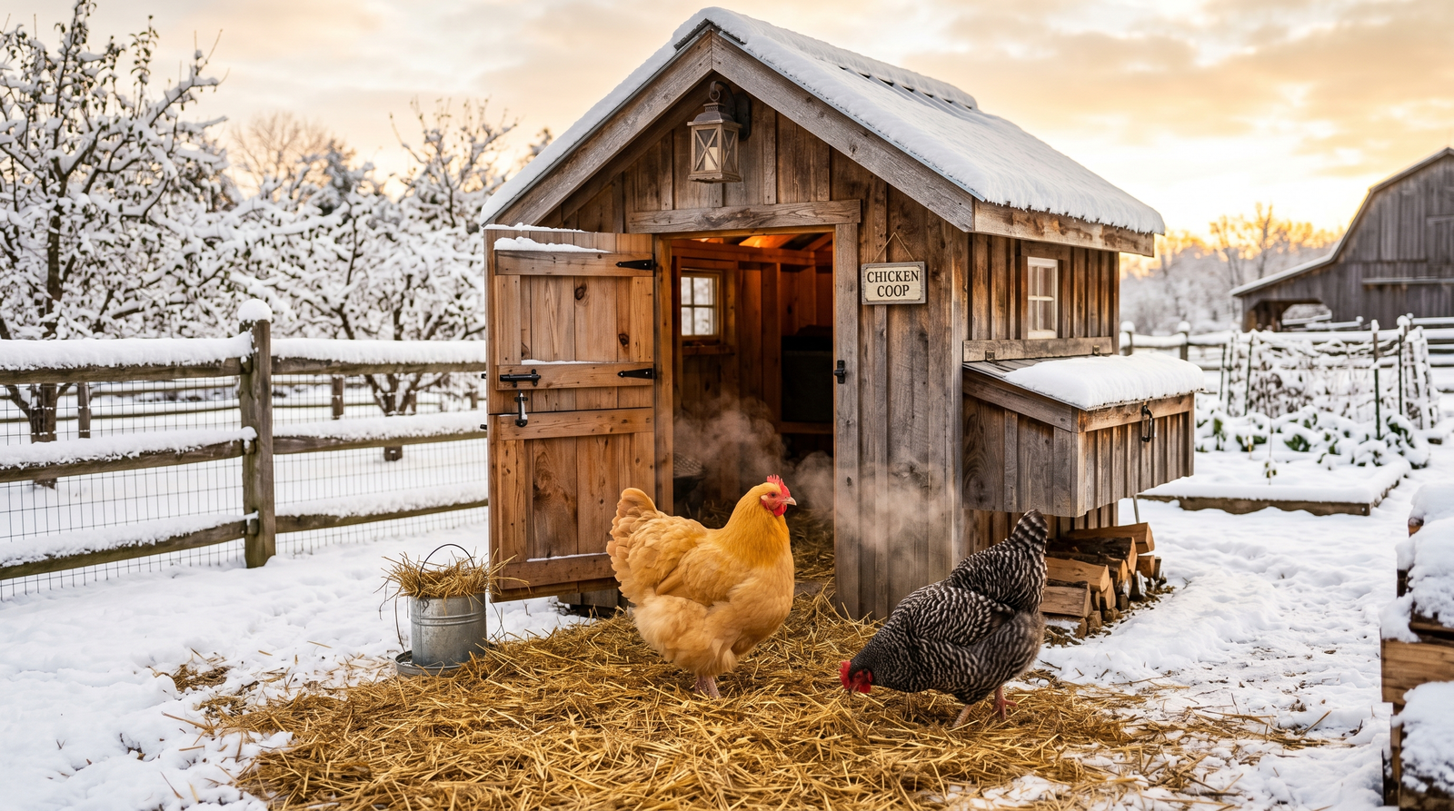 Fluffy backyard hens standing on straw outside a snow-covered wooden coop in soft winter morning light
