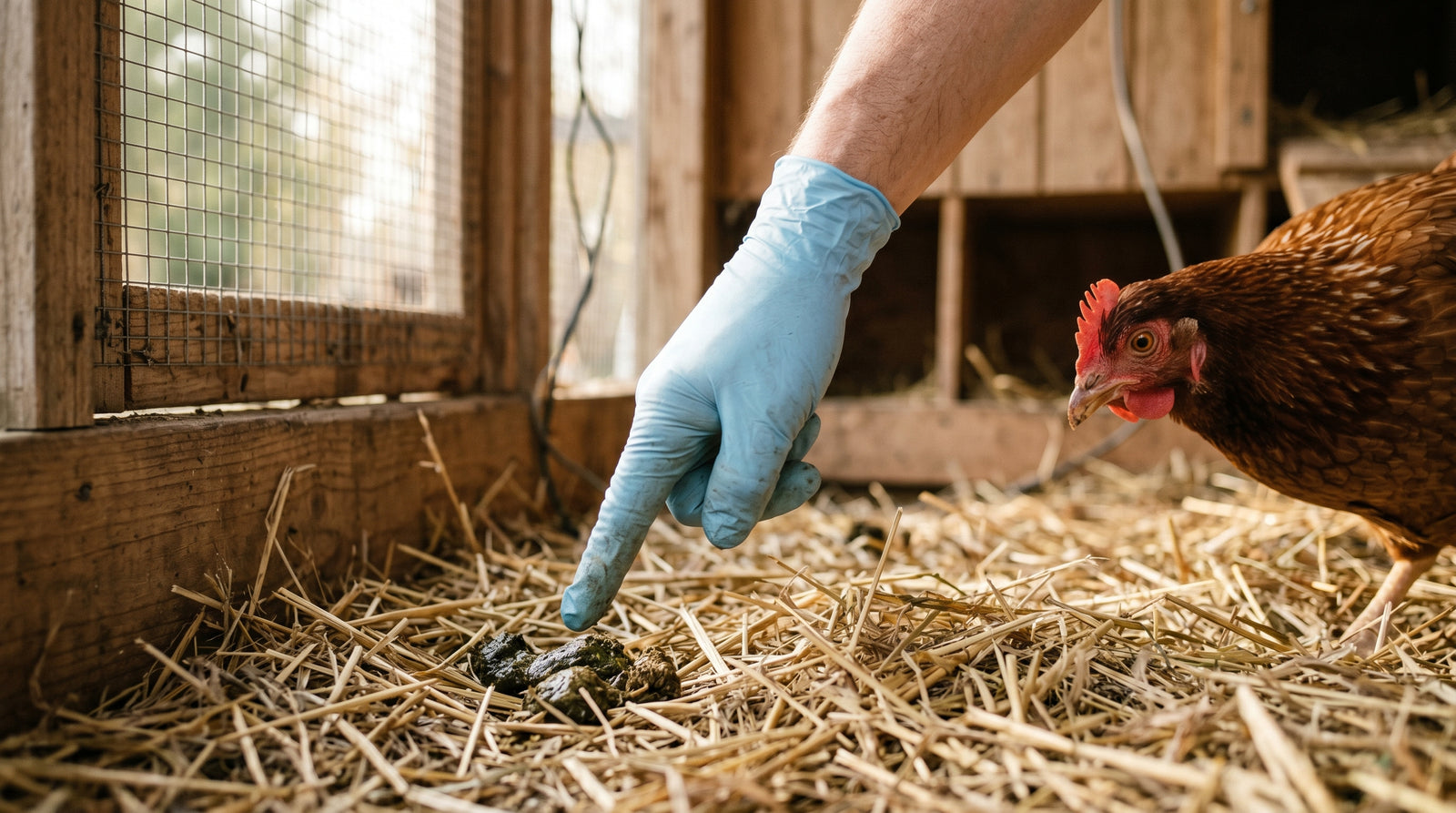 A backyard keeper inspecting fresh chicken droppings on straw bedding in a sunny coop run with a brown hen nearby