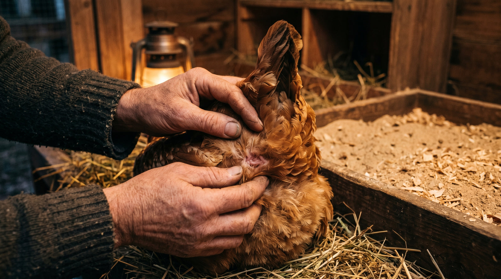 A keeper parting a hen's vent feathers to check for mites and lice in a dimly lit coop at dusk