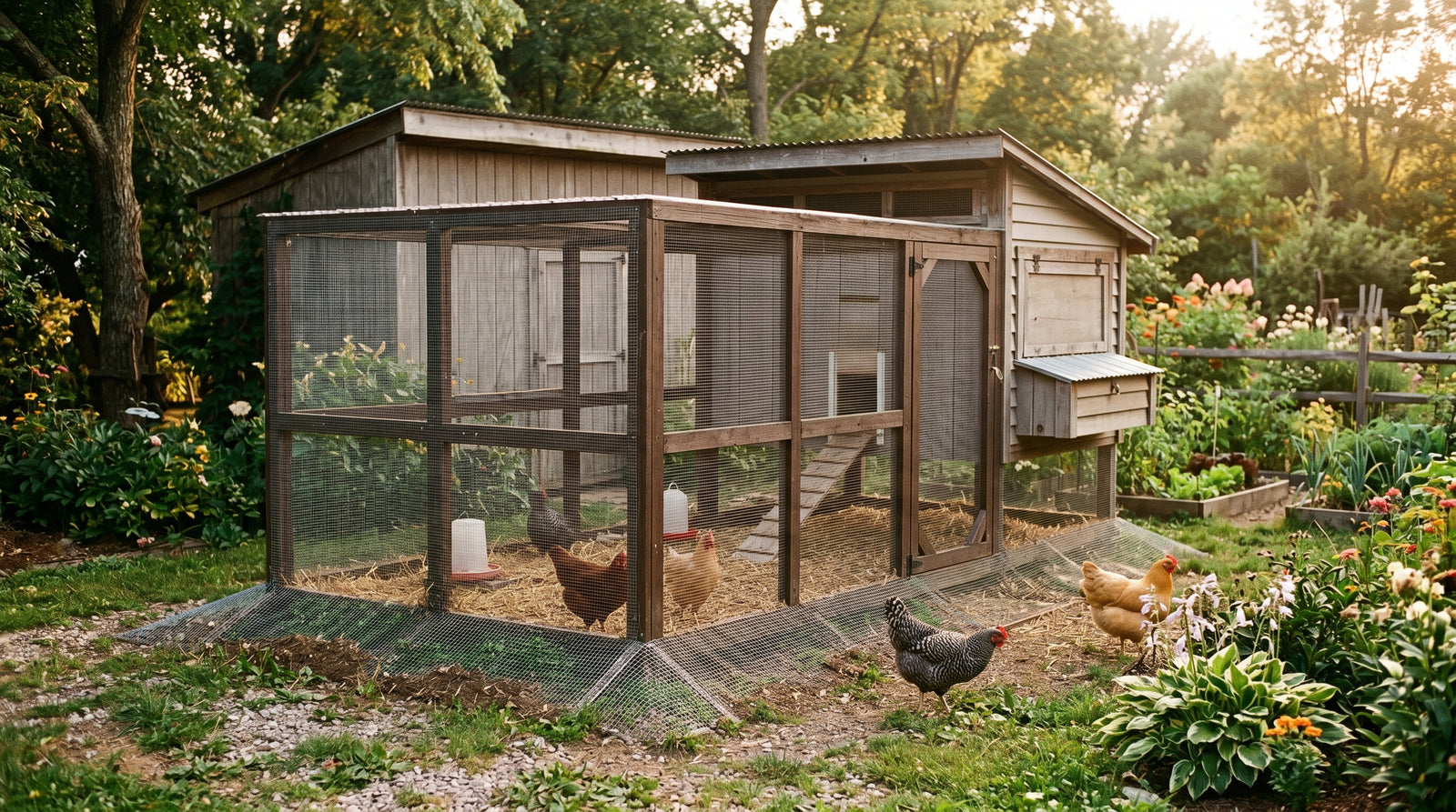 A secure backyard chicken coop and run wrapped in hardware cloth with a ground-level wire apron