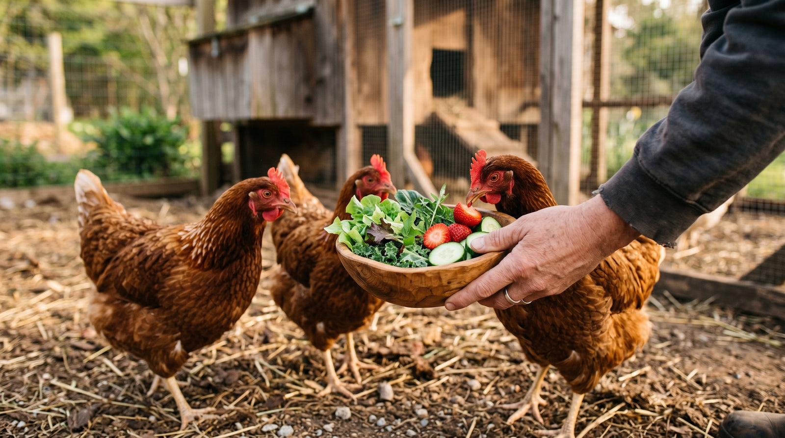 Backyard hens eating leafy greens and chopped fruit from a hand-held bowl in morning light