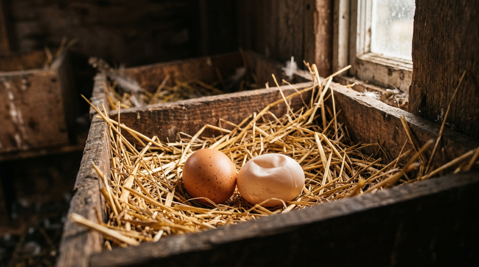 A normal brown egg next to a pale rubbery soft-shelled egg in a straw nesting box