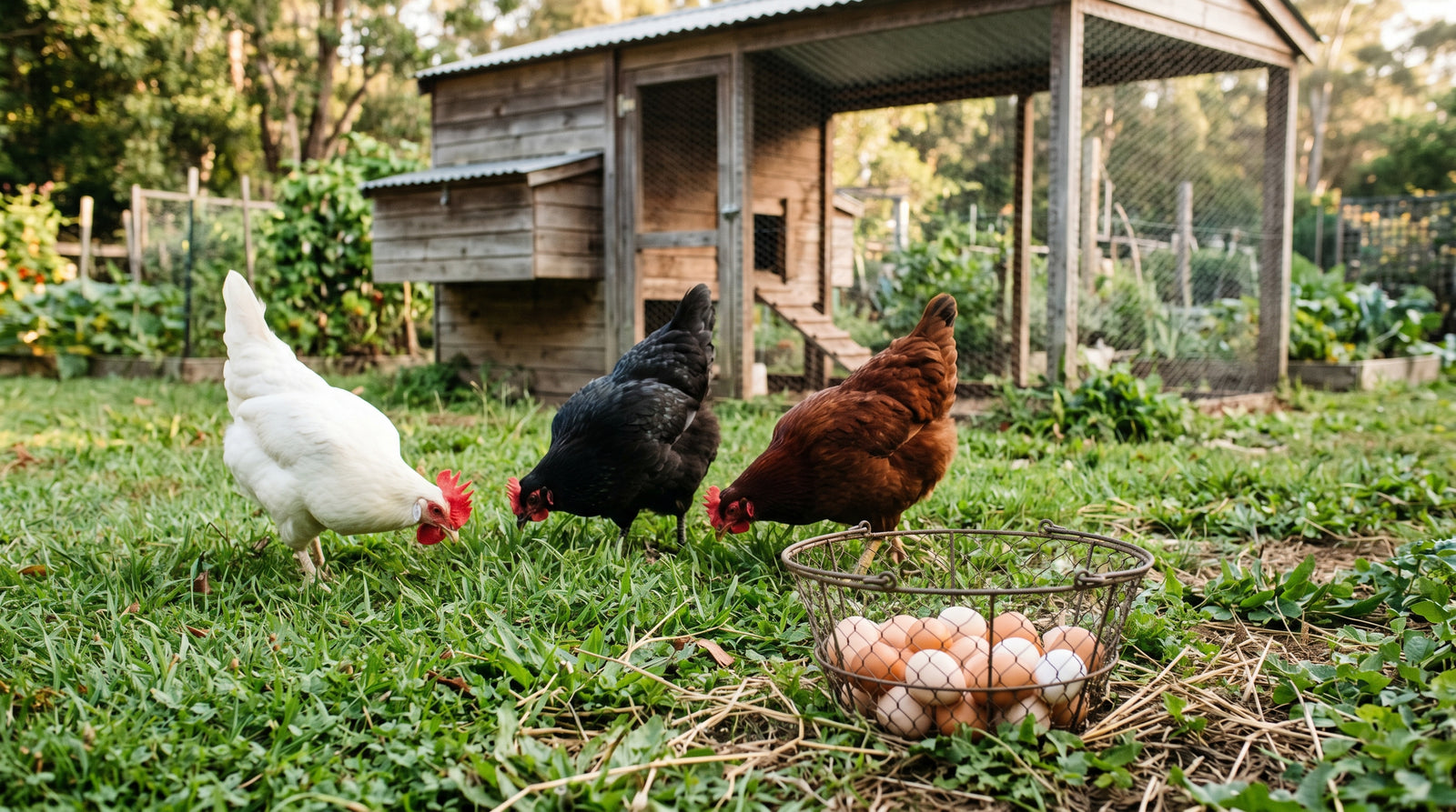 A white Leghorn, a Rhode Island Red, and a black Australorp foraging near a coop beside a basket of fresh eggs