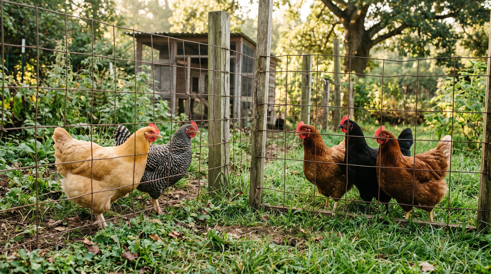 New hens and an established flock meeting through a wire divider in a backyard run during the see-but-don't-touch stage