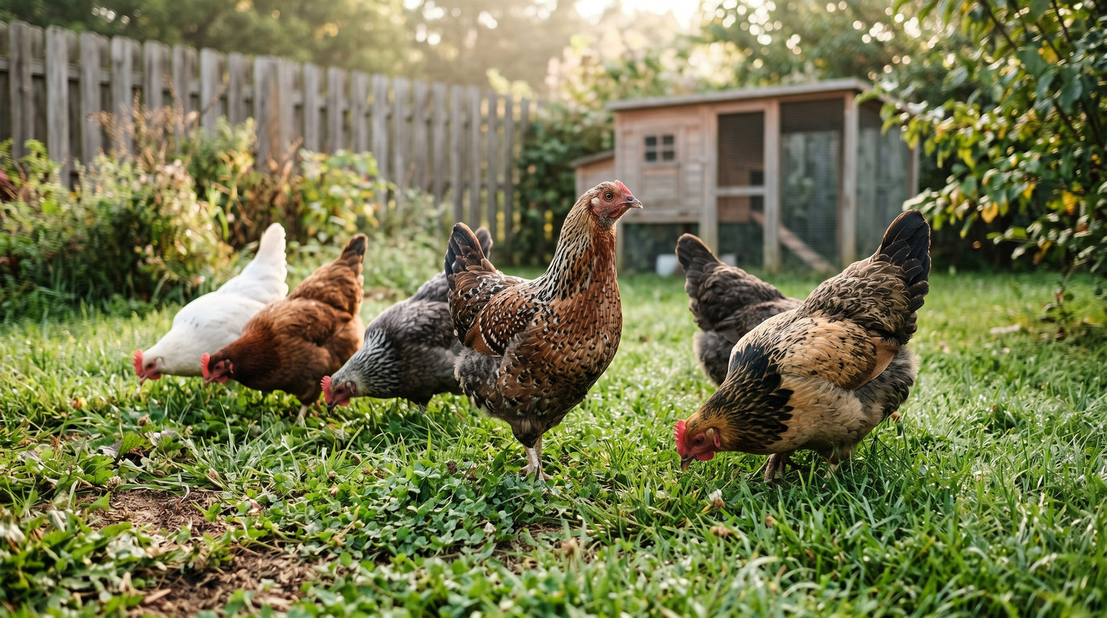 A small backyard flock of hens foraging together on grass in morning light, showing natural social order
