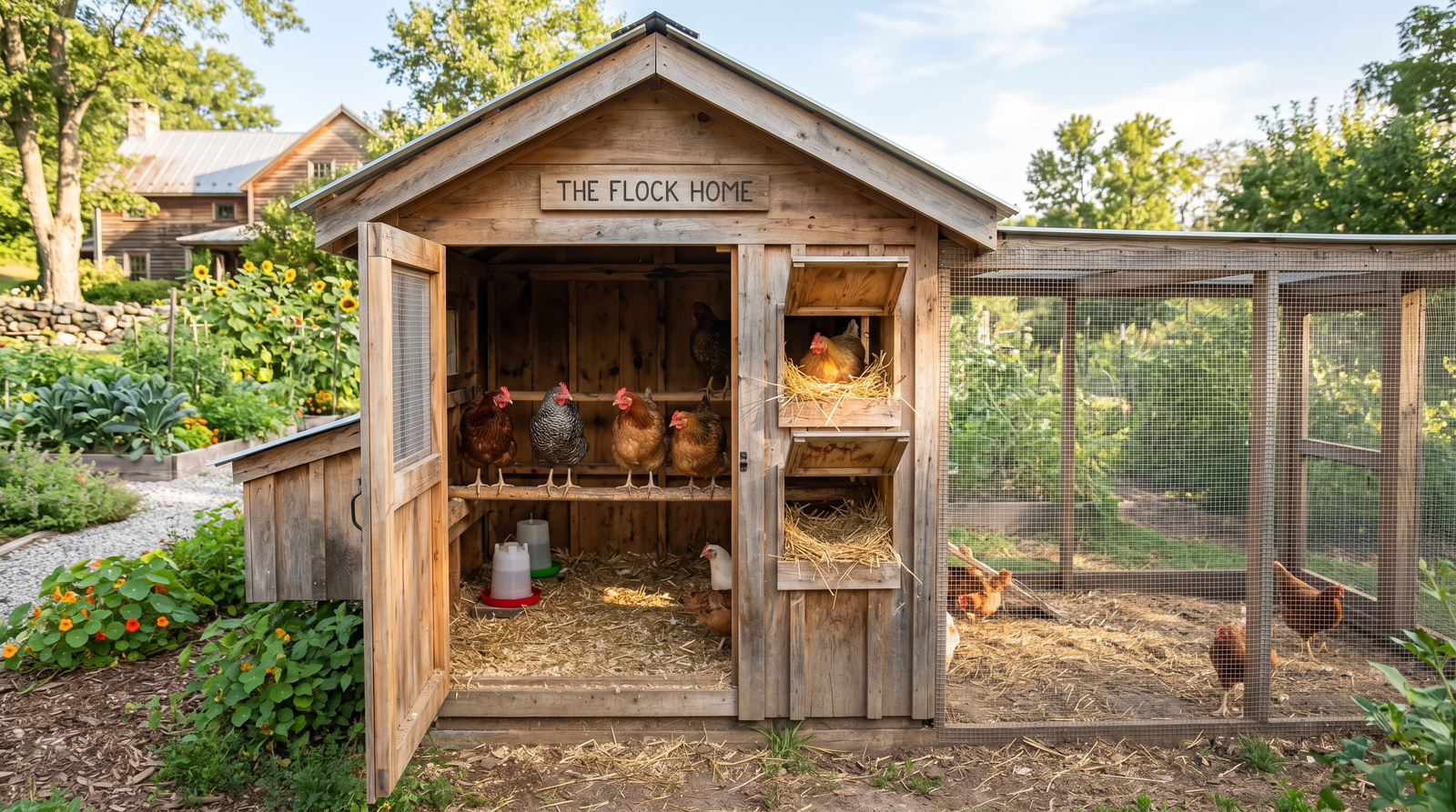 Backyard wooden chicken coop with attached run, hens on a roost bar and straw-filled nest boxes inside