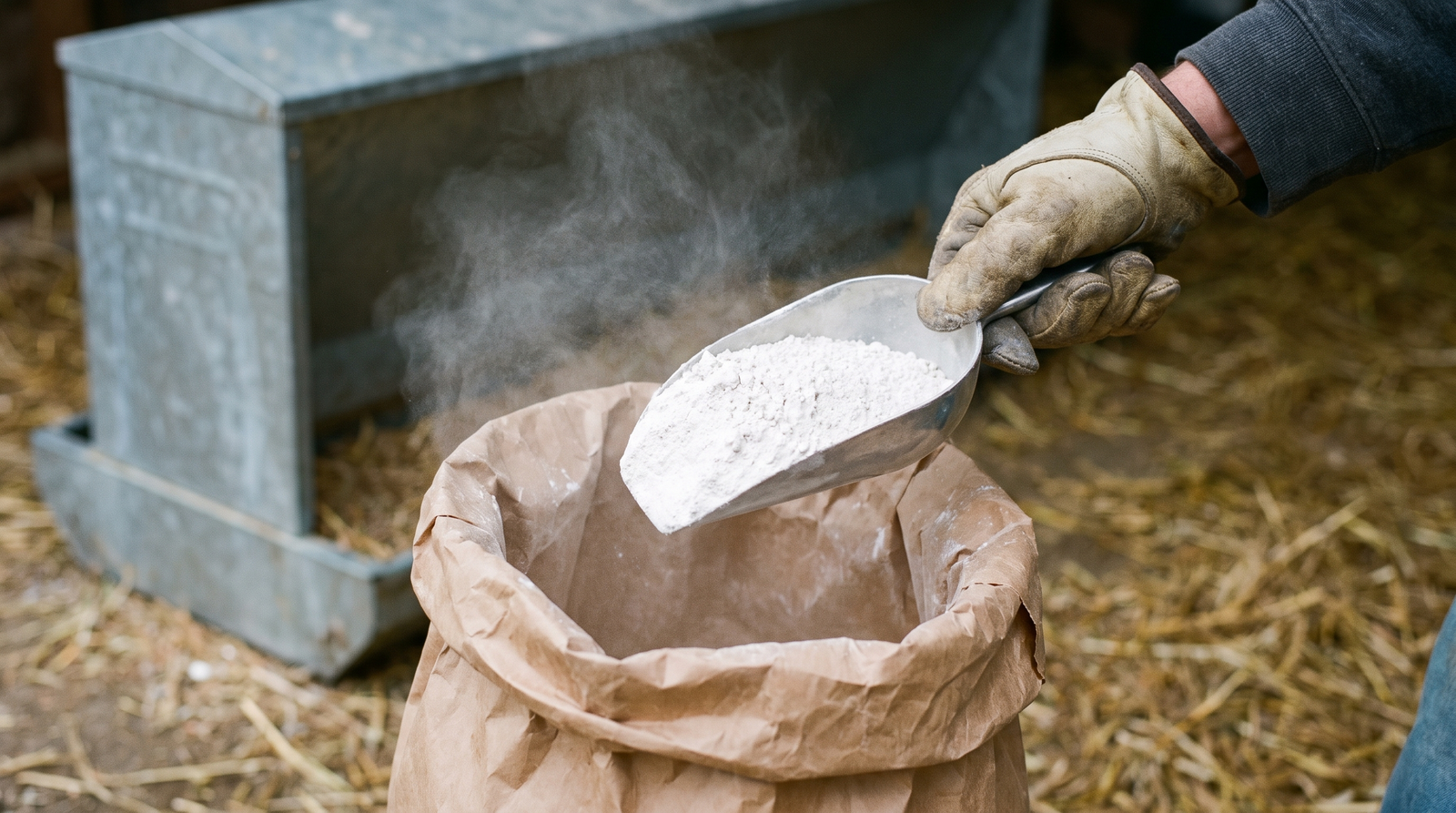 A scoop of fine white diatomaceous earth powder lifted from a bag, dust catching the light