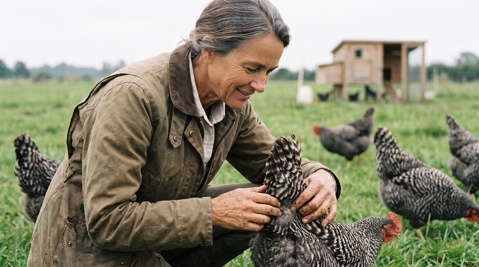 A keeper crouching to check a barred hen condition on pasture with the flock foraging behind