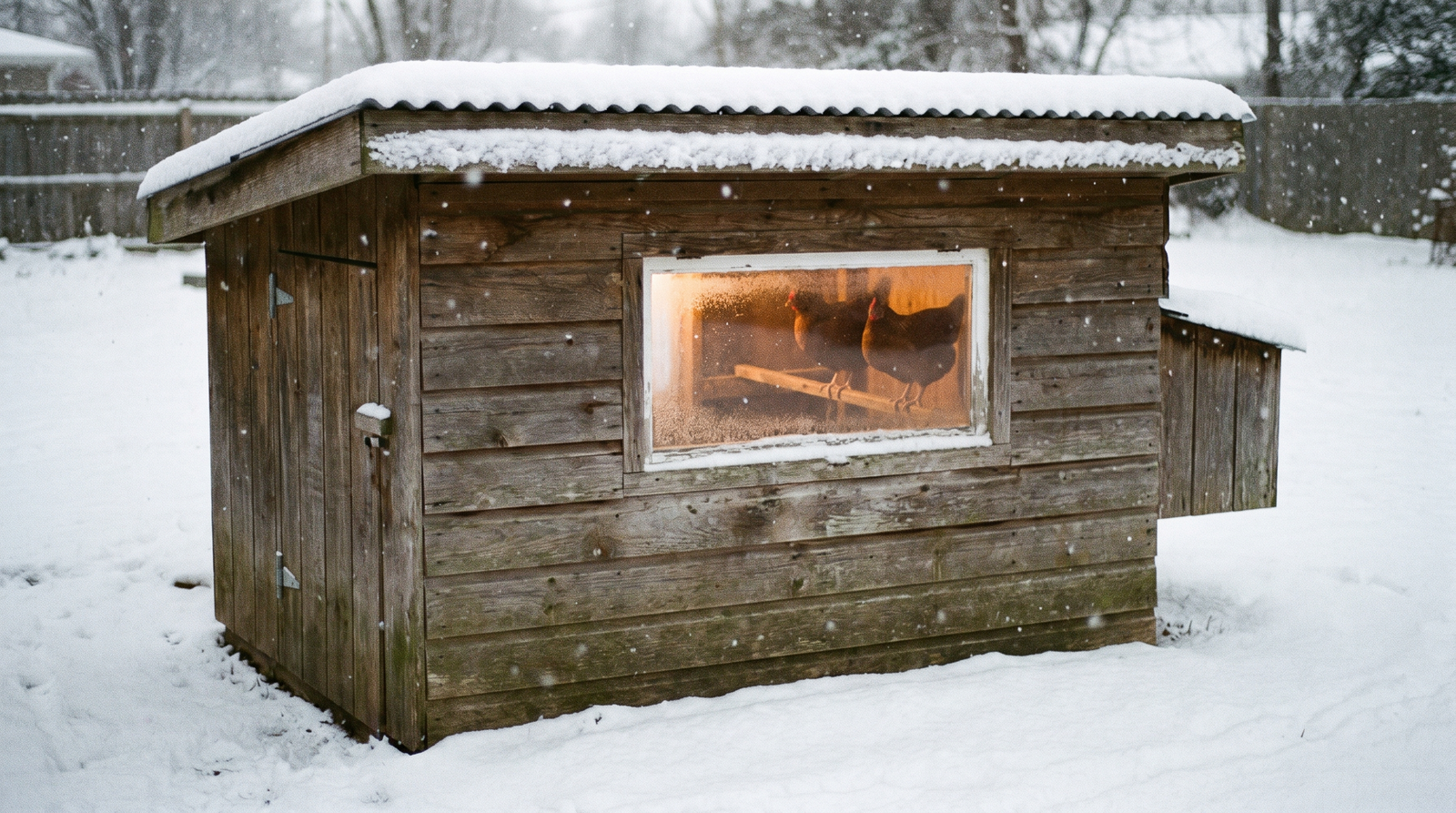 A snowy backyard coop at dawn with warm light glowing inside and hens roosting within