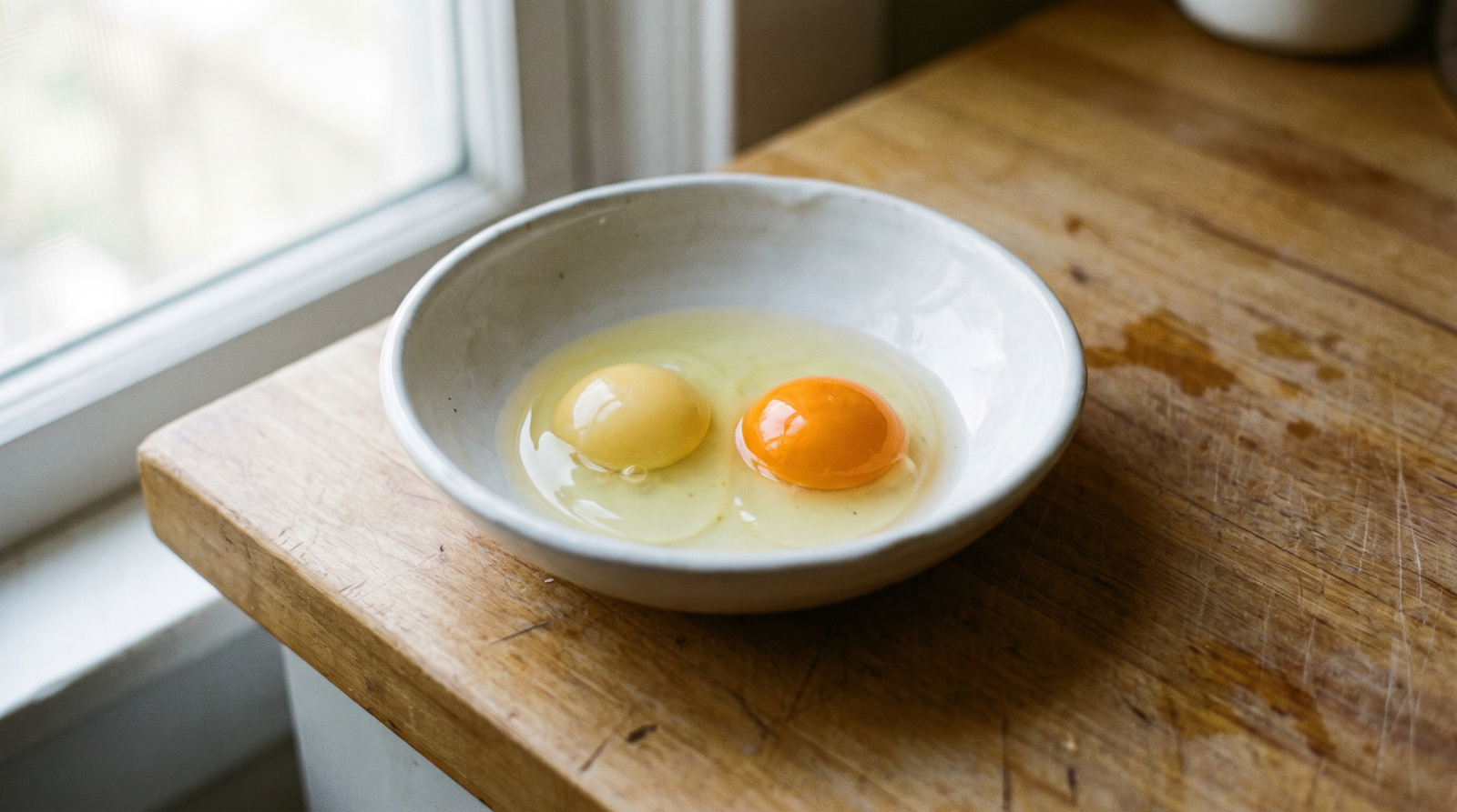 Two cracked eggs side by side, one pale yellow yolk next to one deep golden-orange yolk
