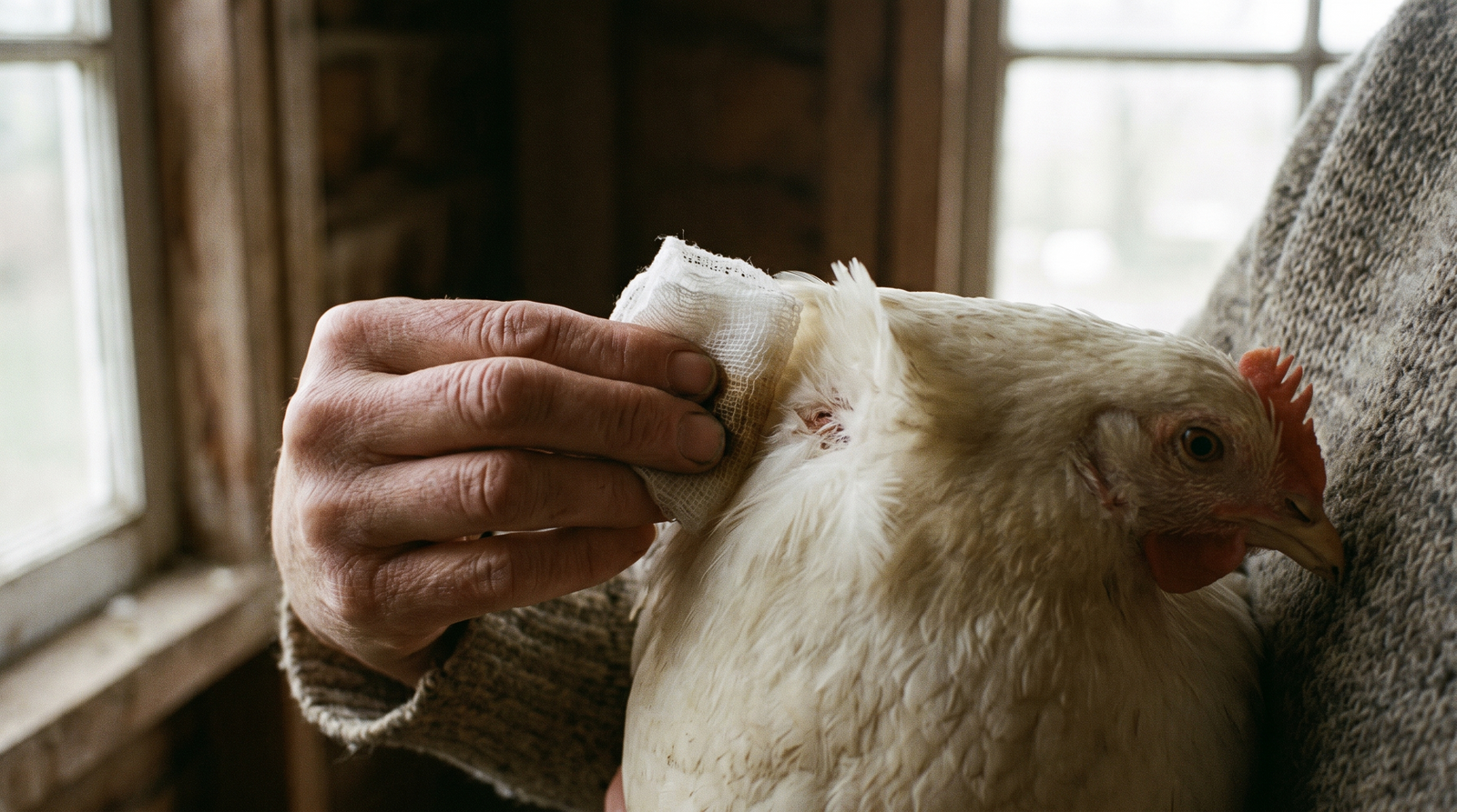 Hands cleaning a small pecking wound on a white hen neck with damp gauze