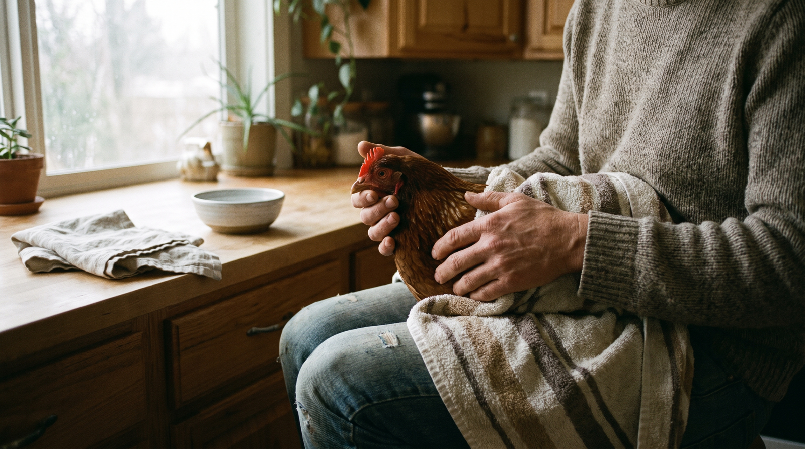 A hen wrapped in a towel held gently on a lap during careful home treatment