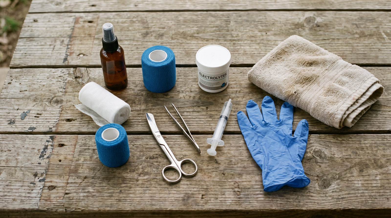 Overhead flatlay of an organized backyard chicken first aid kit laid out on wood