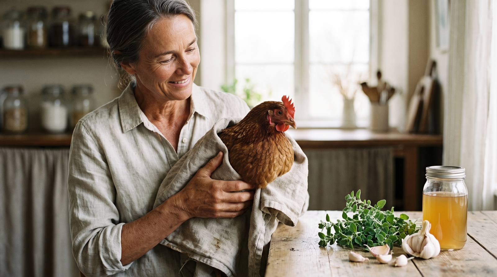 A keeper cradling a poorly hen wrapped in a towel beside fresh herbs and apple cider vinegar
