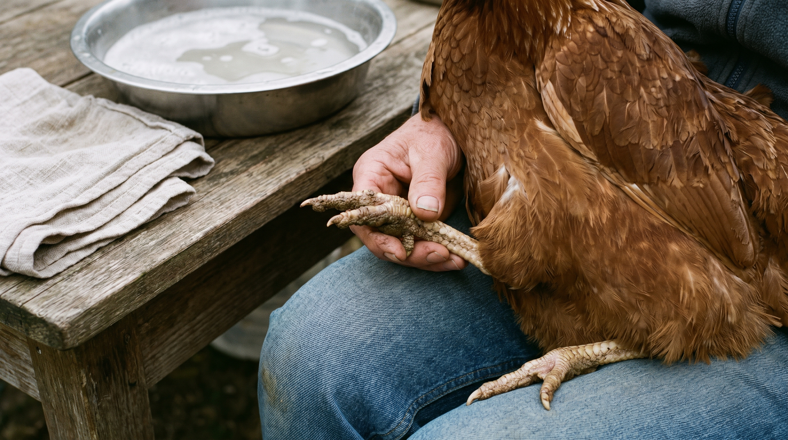 A hen foot being soaked in a basin of warm water to treat bumblefoot