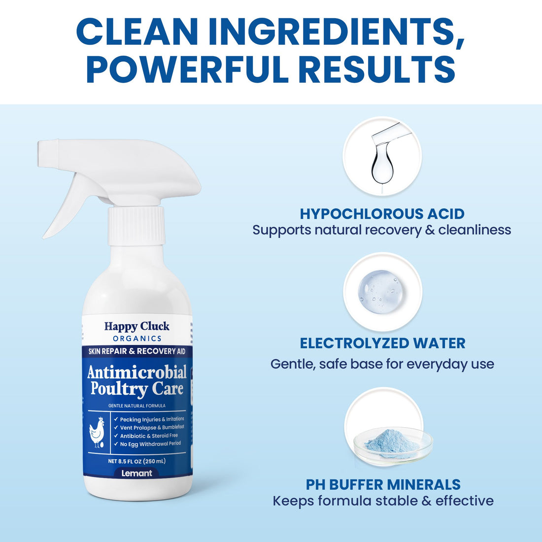 Clean ingredients - hypochlorous acid, electrolyzed water, pH buffer minerals